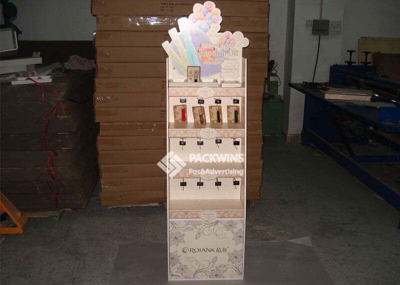 Product Display Cosmetics-Corrugated-Floor-Displays-With-Shelves-And-Hangers