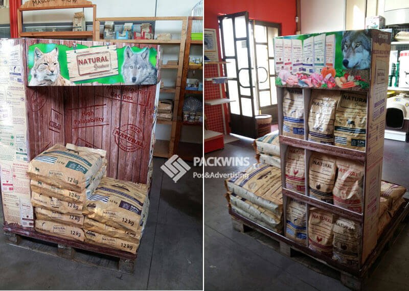 Shelf-ready corrugated packaging for pet food in a retail aisle
