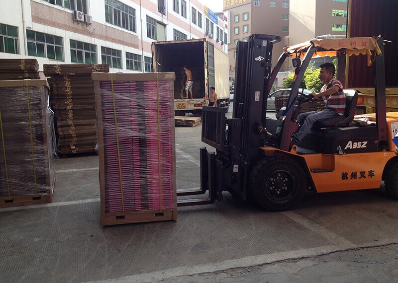 A warehouse with packed retail displays ready for shipping