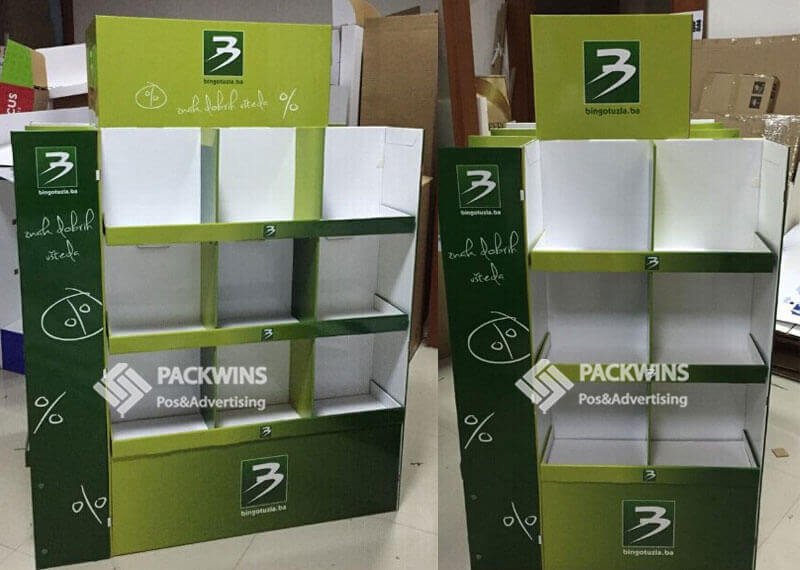 Neatly organized cardboard display with clear product grouping.