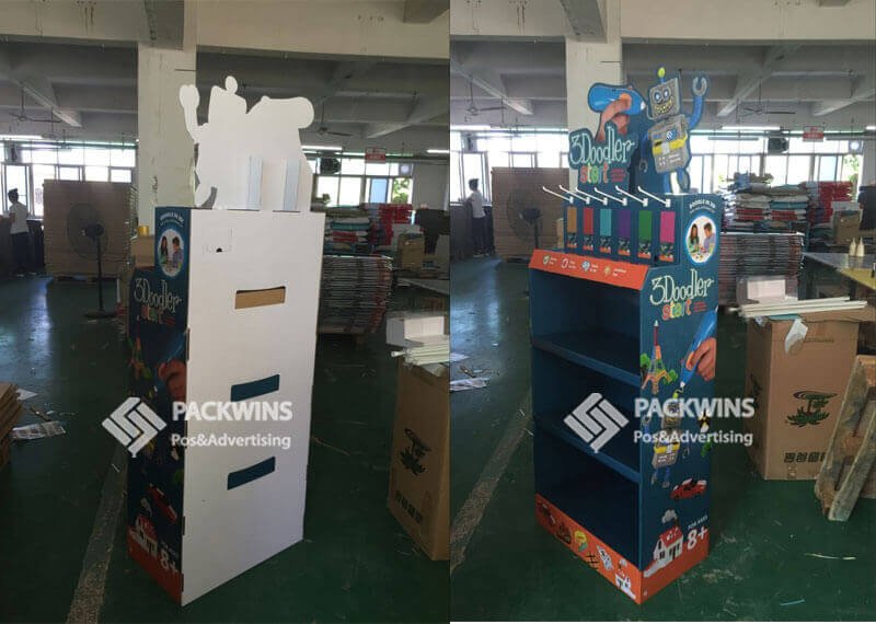 Snack aisle with branded corrugated floor display standing out among competitors