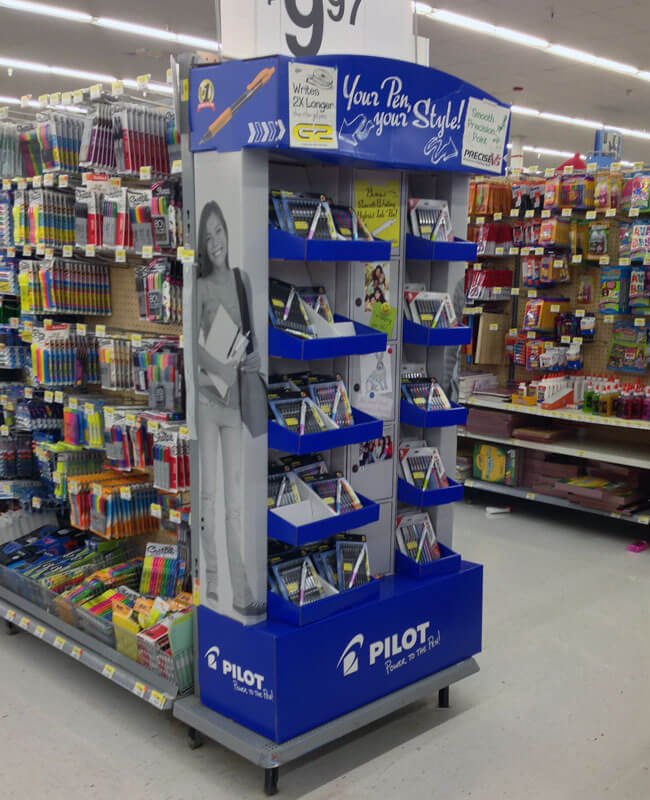 An image showing a retail aisle where one brand's consistent color creates a 