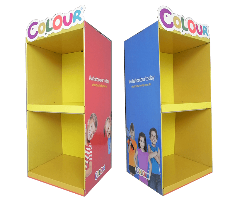 A collage of litho laminate, digital, and offset printed corrugated displays