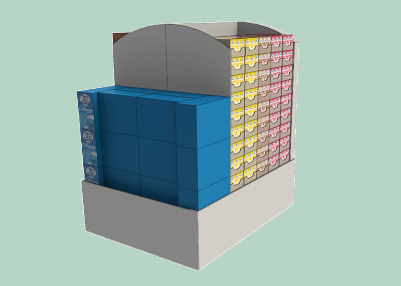 A white, unprinted cardboard display prototype being tested with products