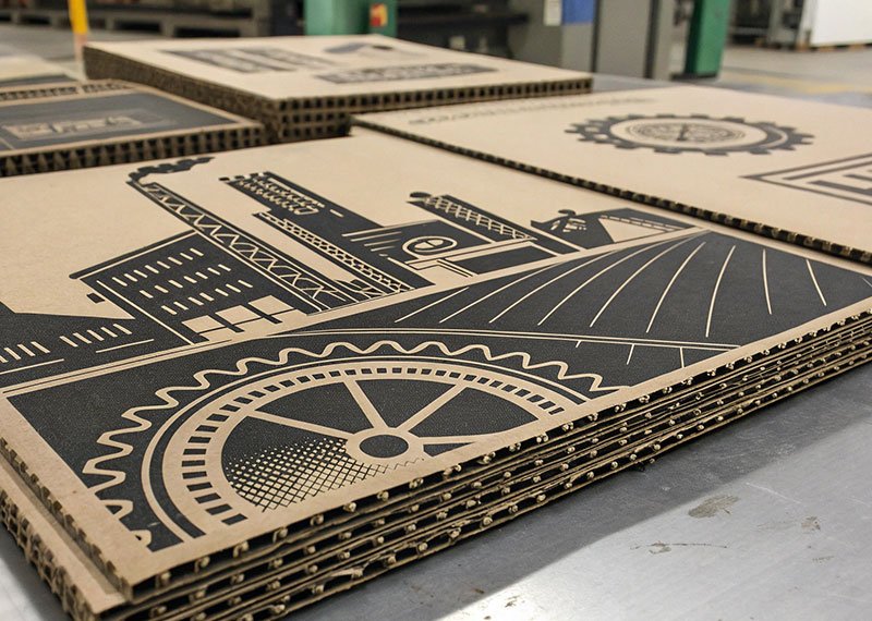Diagram showing how flexographic printing works on corrugated board