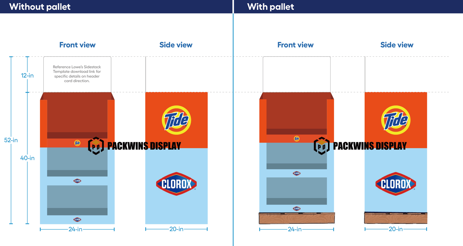 Lowe's Sidestack Display 2 Brands Side A full pallet display stacked high with product in a warehouse club style.