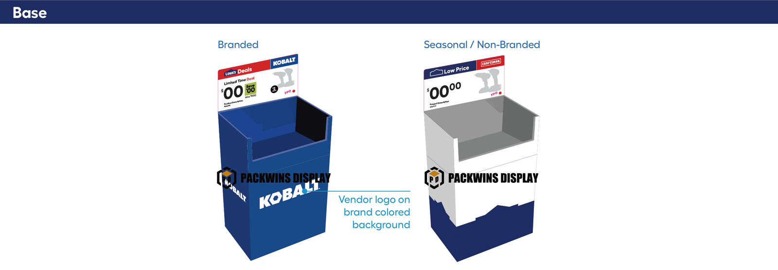 Lowe's Sidestack Display Base A header with a red 'Low Price' graphic and another with a 'Bulk Savings' message.