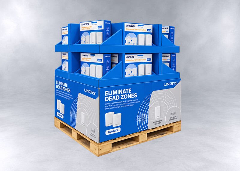 Blue Linksys Mesh WiFi Pallet Display